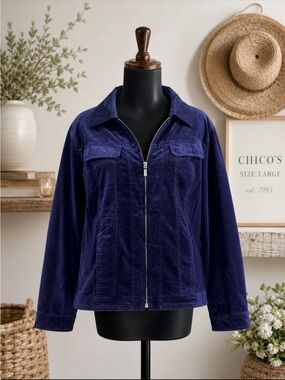 Chico’s Purple Velvet Lightweight Jacket | Silver Zip & Button Detail | Size